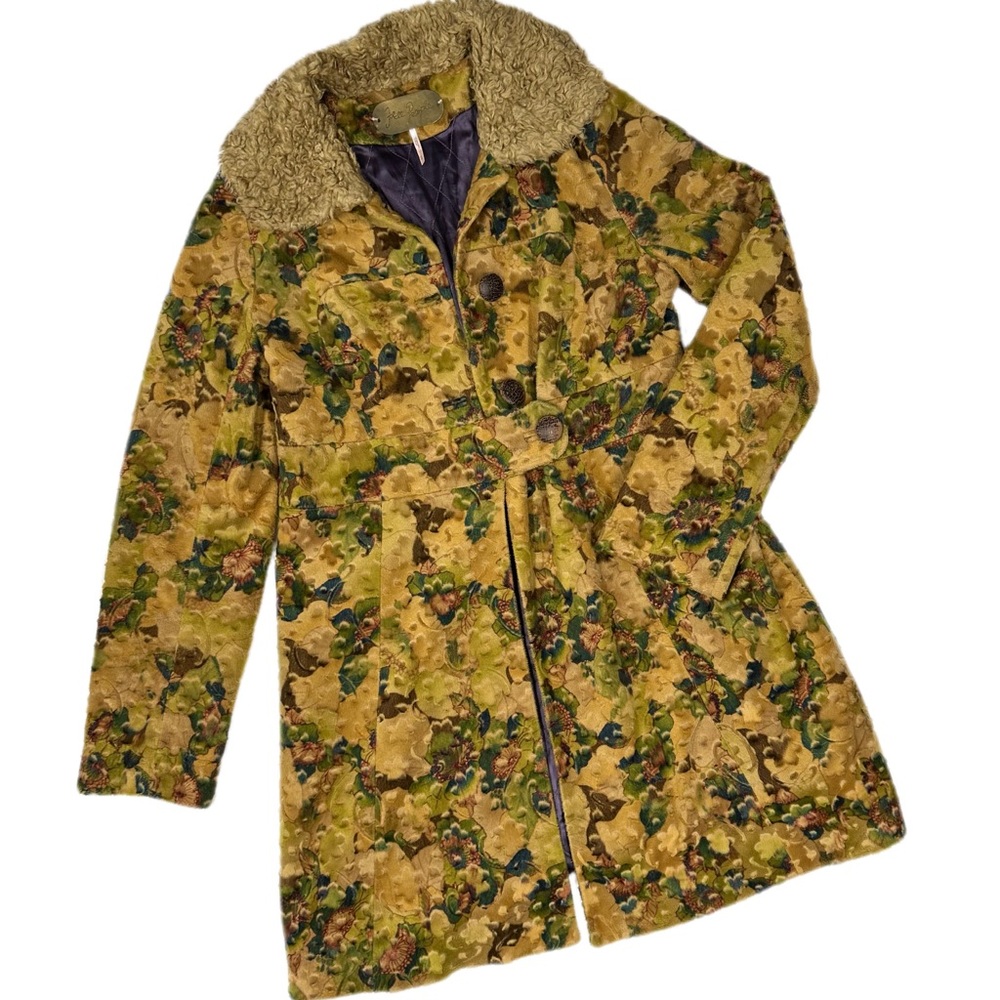 Free People Floral Tapestry Coat with Sherpa Collar